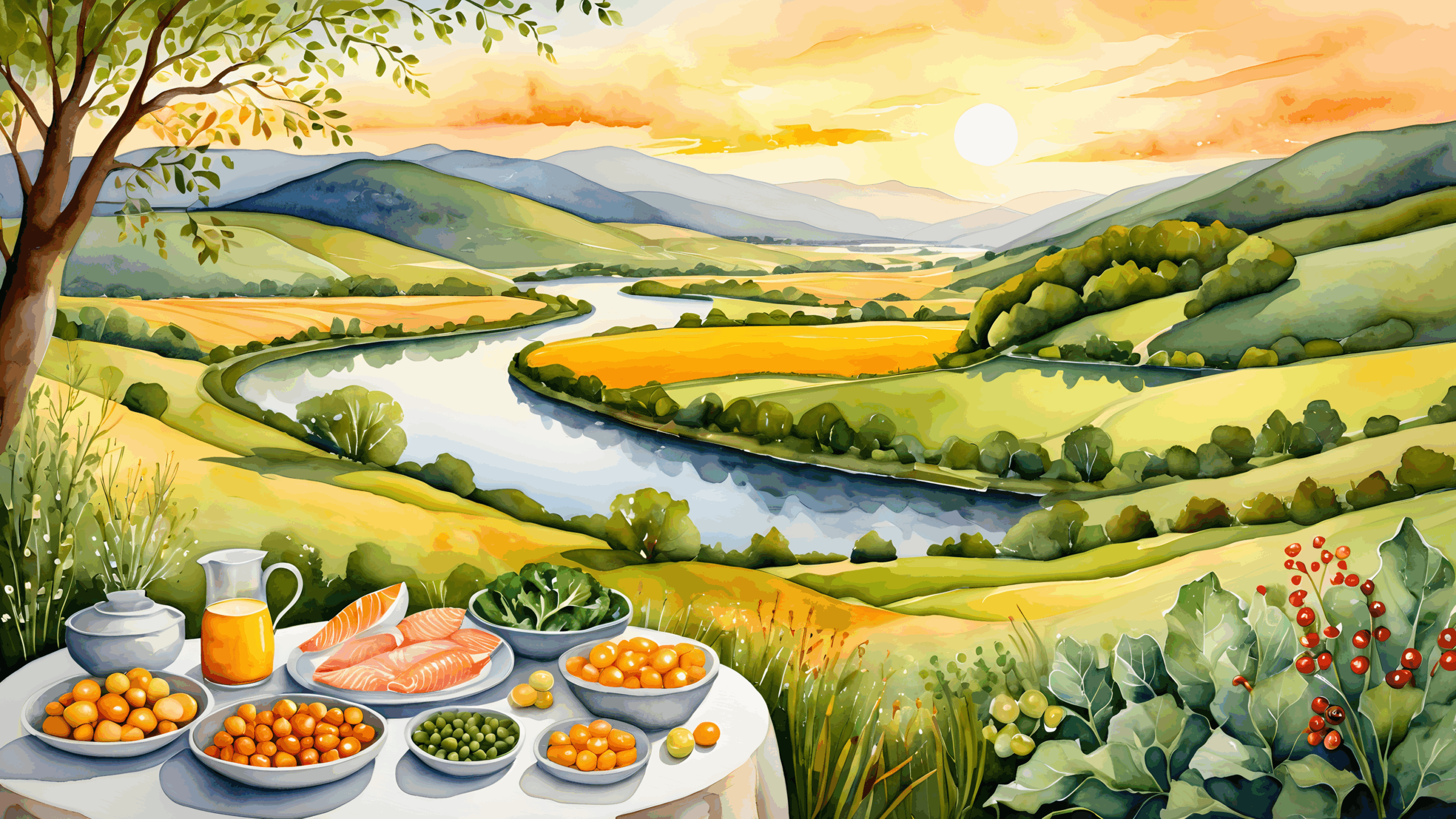 Golden sunset over a serene natural landscape with healthy foods